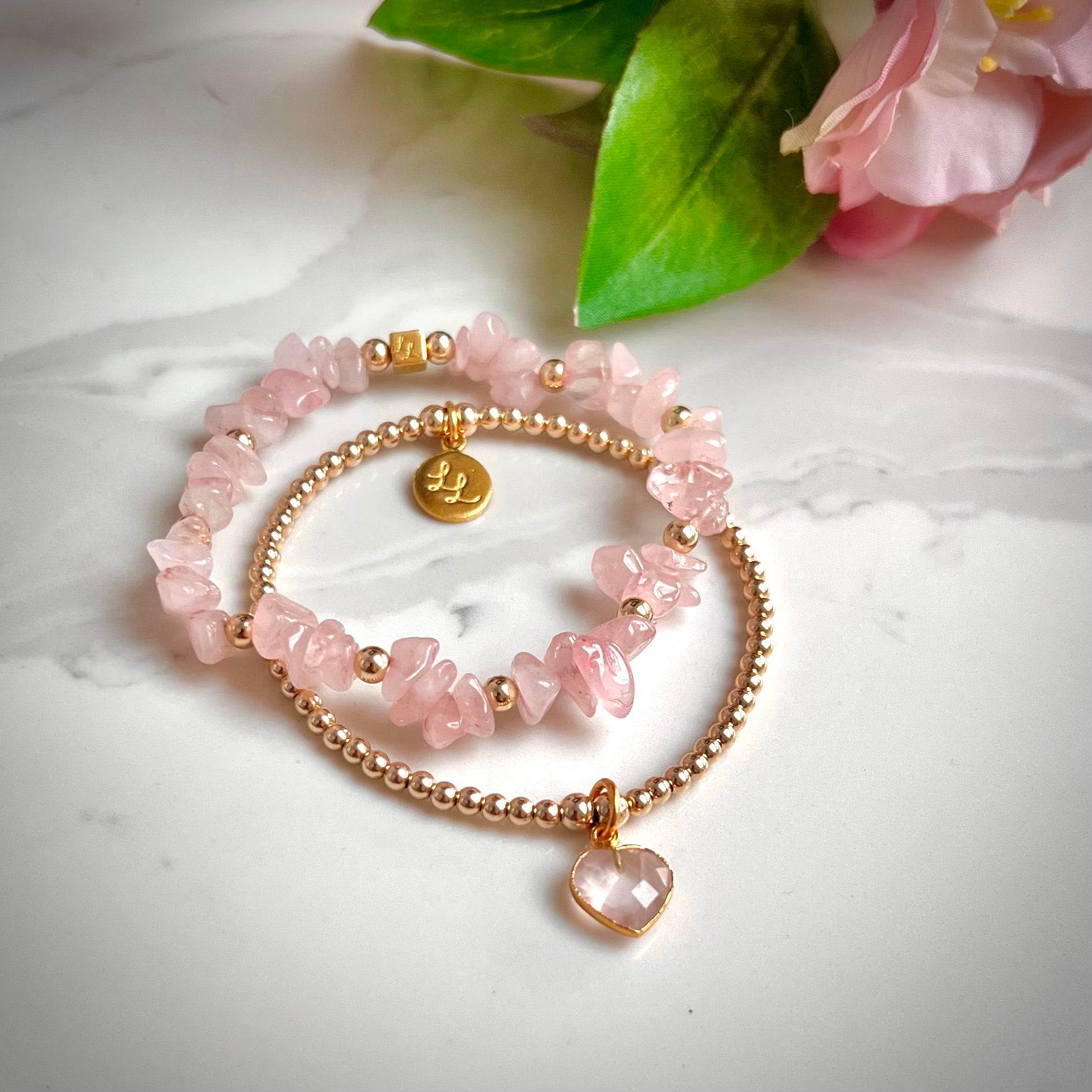 Palomas Gold Rose Quartz Heart 2 Stack